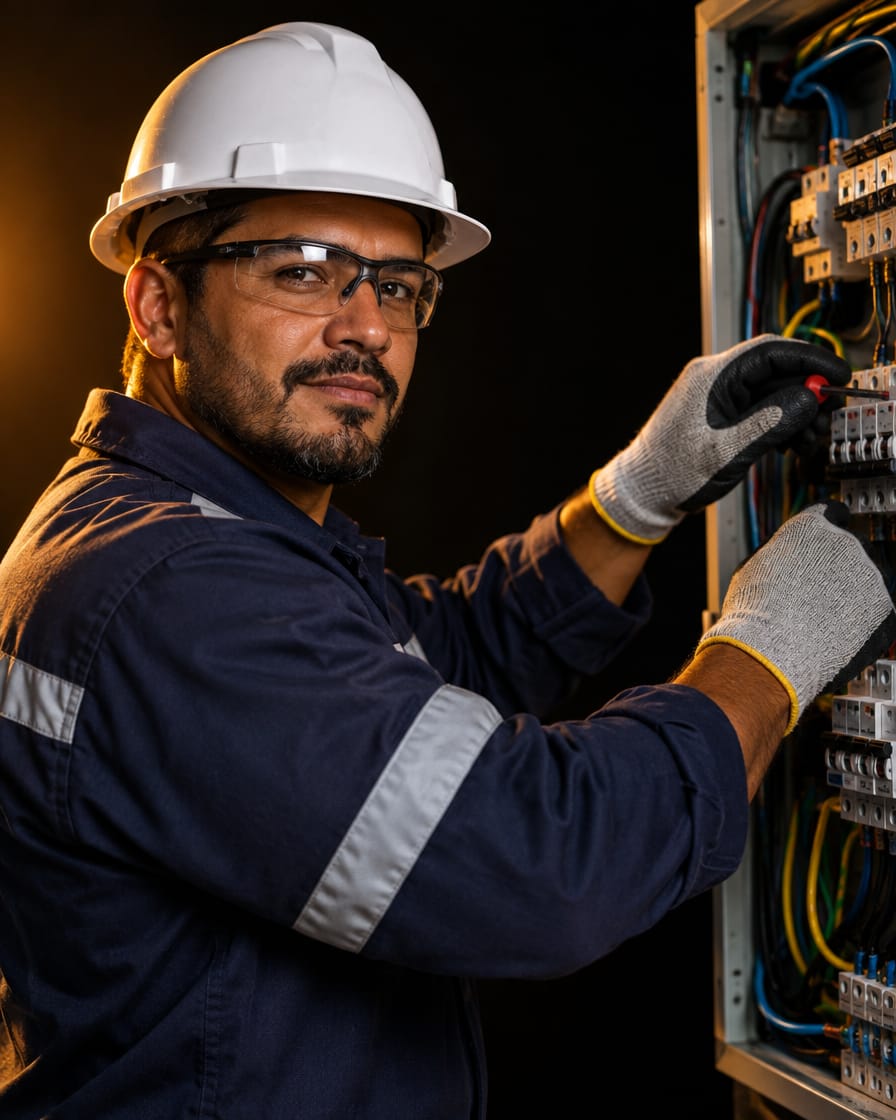 Eletricista com capacete e óculos de proteção mexendo em um quadro de disjuntores
