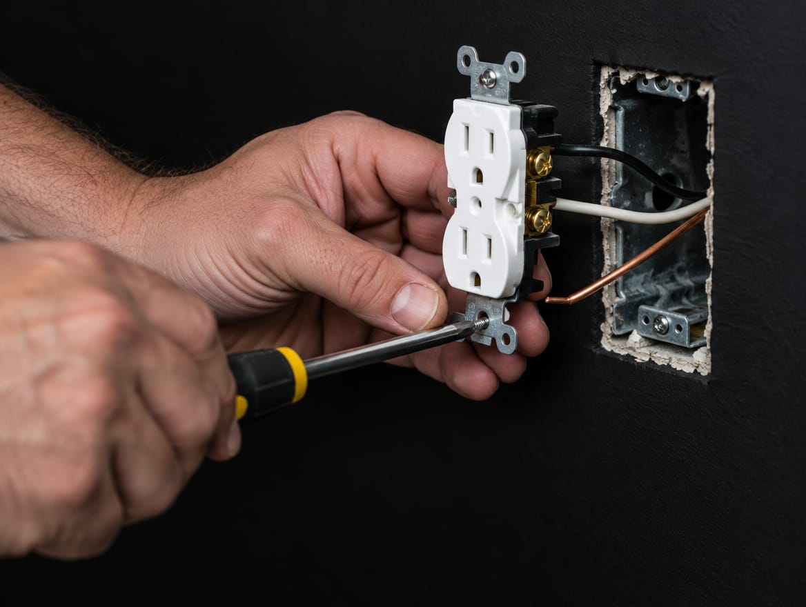 Mãos instalando uma tomada na parede