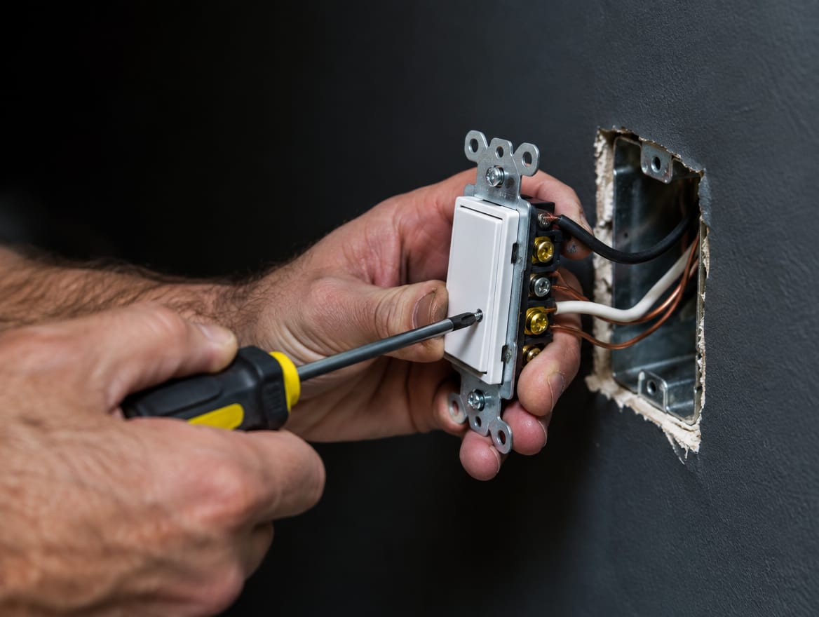 Mãos instalando um interruptor na parede